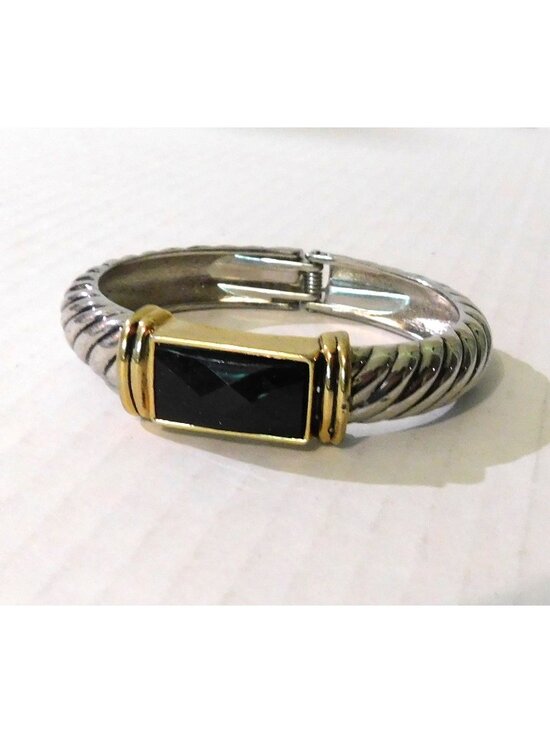 Jewelry - Two-Tone Hinged Bangle Bracelet Silver Gold Accents Black Faceted Stone